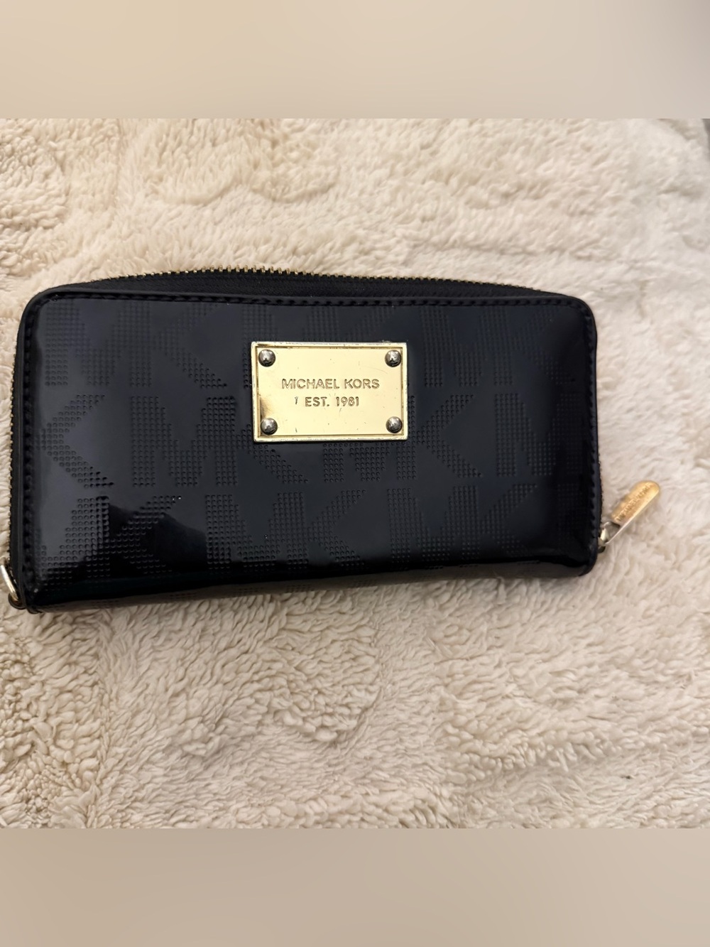 Michael Kors Black Patent MK Monogram Zip Around Continental Wallet